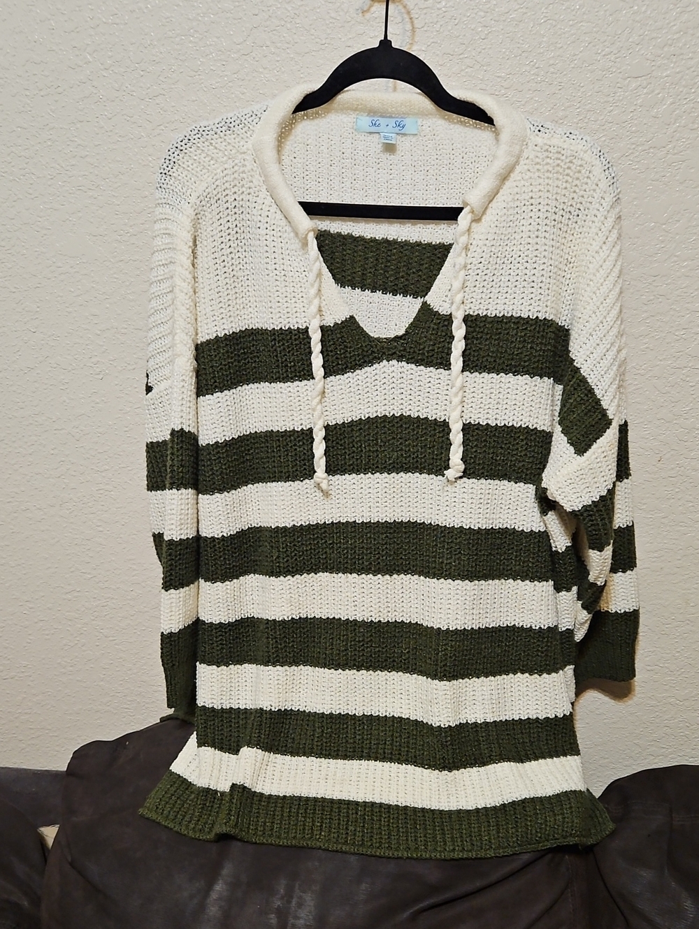 She + Sky Cream and Olive Striped Hooded Knit Pullover